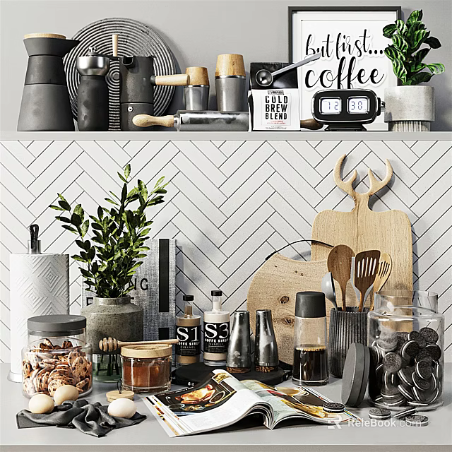 Stylish Kitchen Cooking Utensils On Shelf With Cutting Board Wooden Spoons Glass Jars And Plant 3d model 