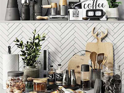 Stylish Kitchen Cooking Utensils On Shelf With Cutting Board Wooden Spoons Glass Jars And Plant 3d model