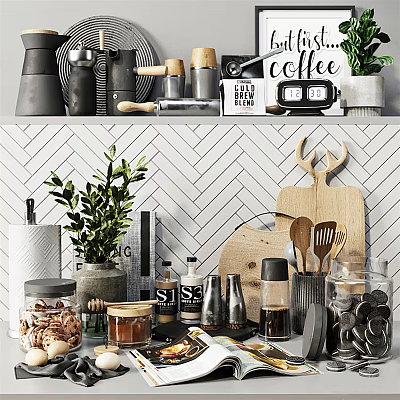 Stylish Kitchen Cooking Utensils On Shelf With Cutting Board Wooden Spoons Glass Jars And Plant 3d model