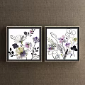 Two Framed Botanical Paintings with Colorful White Rose Purple Pink Blue Flowers on Brown Wall