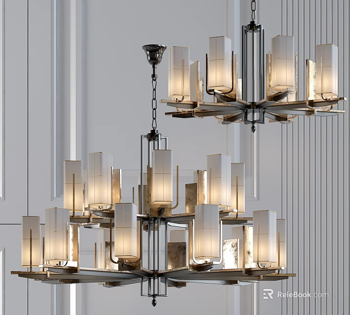 Modern Multi Layer Chandelier With Rectangular Glass Lampshades And Chrome Frame For Interior Design 3d model
