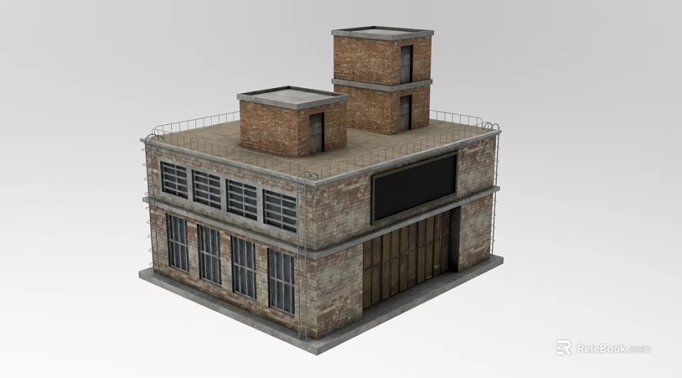 Industrial Style Building With Brick Walls Windows Large Doors And Roof Structures 3d model 