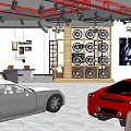Car Dealership Showroom With Red Ceiling Structure Sports Cars And Wheel Decorations