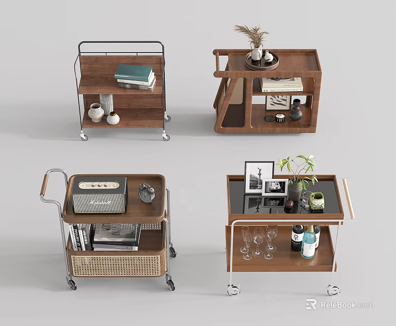 Modern Various Design Shelving Units With Wheels Wooden Metal Frames Books Plants And Glasses 3d model 