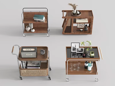 Modern Various Design Shelving Units With Wheels Wooden Metal Frames Books Plants And Glasses 3d model