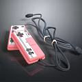 Two Pink Wired Game Controllers With Black Cables and Classic Design 3d model