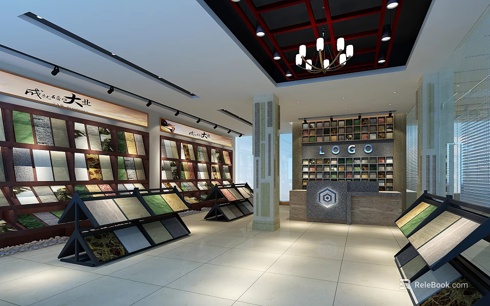 Spacious Specialty Store With Display Racks Tiles Counter And Chandelier Lighting 3d model 