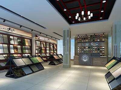 Spacious Specialty Store With Display Racks Tiles Counter And Chandelier Lighting 3d model