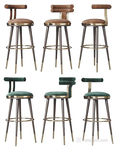 Modern High Back Bar Stools With Green Upholstered Seats And Metal Frame Design 3d model 