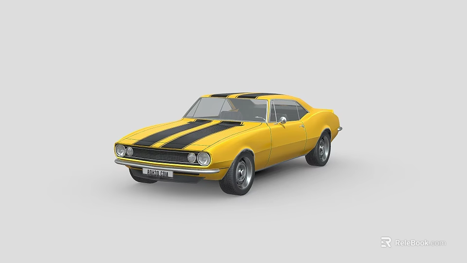 Yellow Classic Sports Car With Black Stripes And Two Door Design 3d model 