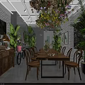 Elegant Plant Decorated Specialty Store Interior With Wooden Tables Chairs Hanging Plants And Pendant Lights