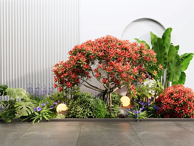 Vibrant Red Flowering Shrub With Green Leaves And Purple Blooms Near Archway Background With Lights 3d model