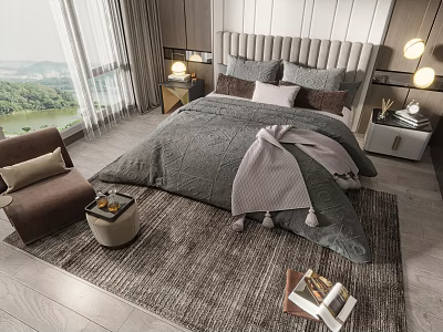 Cozy Modern Bedroom Double Bed With Upholstered Headboard Gray Comforter Pillows Area Rug Scenic Window 3d model
