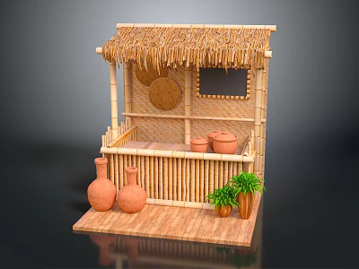 Bamboo Display Shelf With Thatched Roof Terracotta Pots And Small Plants 3d model