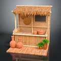 Bamboo Display Shelf With Thatched Roof Terracotta Pots And Small Plants