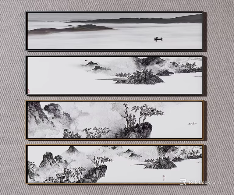 Chinese Ink Landscape Paintings Four Panel Set Featuring Mountains Rivers and Trees 3d model 