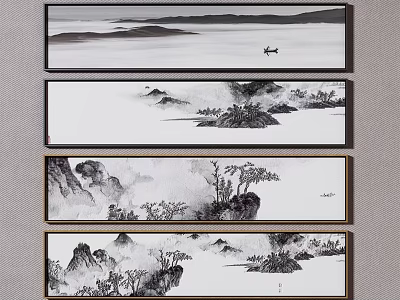 Chinese Ink Landscape Paintings Four Panel Set Featuring Mountains Rivers and Trees 3d model