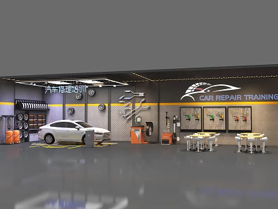 Car Model Training Specialty Store Equipped With Tools Workbenches And Training Area 3d model