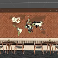 Modern Café Interior with World Map Wall Decor Wooden Tables Chairs and Striped Walls