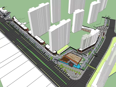 Urban Landscape Design With High Rise Buildings Green Belts And Rooftop Structure 3d model