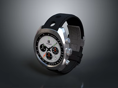 Stylish Tudor Chronograph Watch with Black Leather Strap Silver Case and White Dial 3d model
