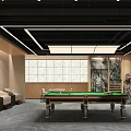 Modern Clubhouse Interior With Pool Table Comfortable Sofas And Decorative Wall Design 3d model