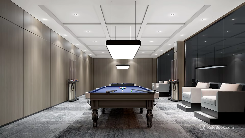 Modern Billiard Room Interior Design With Billiard Table Sofas And Lighting 3d model 