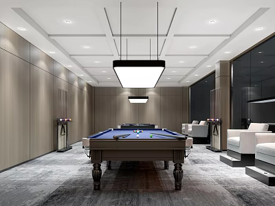 Modern Billiard Room Interior Design With Billiard Table Sofas And Lighting 3d model