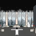 Elegant Modern Restaurant Interior With White Marble Seating Chandelier And Floor To Ceiling Windows