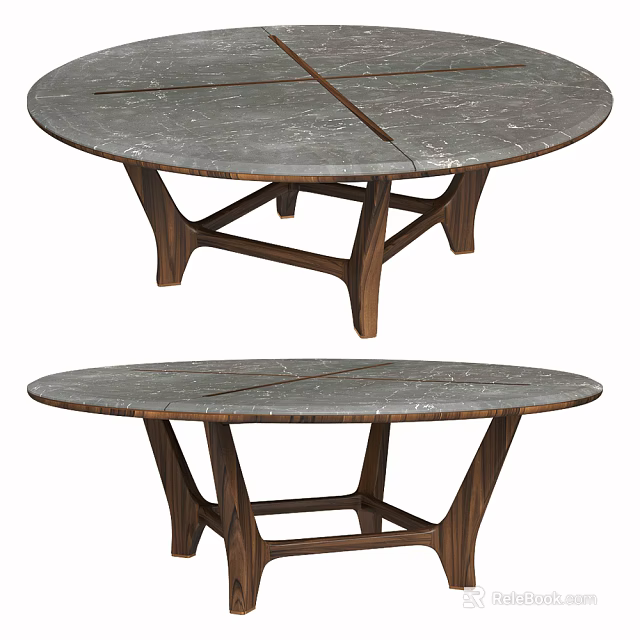 Modern Round Dining Table With Marble Top And Wooden Cross Legs Structure 3d model