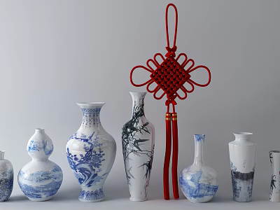 Blue And White Porcelain Vases With Floral Patterns And Red Chinese Knot Decor 3d model