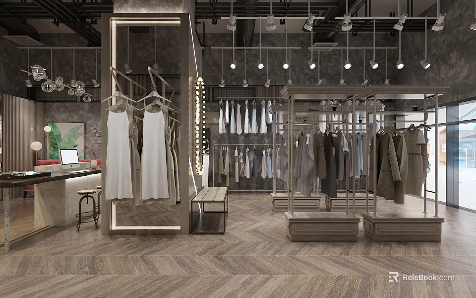 Stylish Clothing Store Interior With Hanging Dresses Display Racks Lights And Chevron Flooring 3d model 