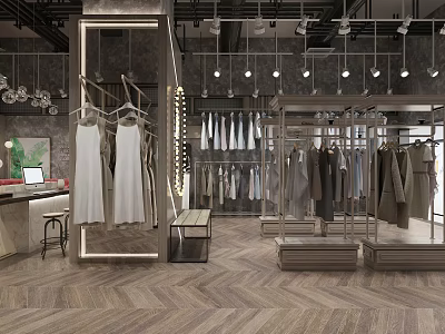 Stylish Clothing Store Interior With Hanging Dresses Display Racks Lights And Chevron Flooring 3d model