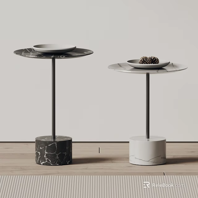 Modern Side Tables with Black and White Marble Bases Plates and Pine Cone 3d model