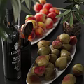 Fresh Ripe Peaches And Pears Arranged On White Plates With Olive Branch Decoration