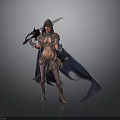 Warrior Woman in Fantasy Armored Costume with Weapons and Flowing Cloak