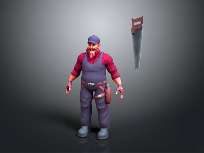 3D Construction Worker Character Model With Red Plaid Shirt Overalls And Saw Tool 3d model
