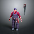 3D Construction Worker Character Model With Red Plaid Shirt Overalls And Saw Tool