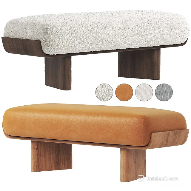 Stylish Fleece And Leather Bench With White Orange Colors And Wooden Legs 3d model 
