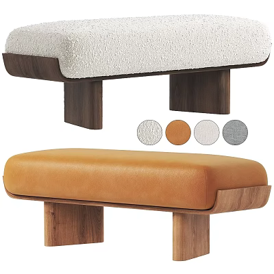 Stylish Fleece And Leather Bench With White Orange Colors And Wooden Legs 3d model