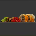 Colorful Assorted Sushi Rolls Served on Wooden Tray with Chopsticks and Garnishes