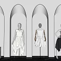 Mannequins In Fashionable Clothing Display With Arched Doorways White Walls And Black Marble Floor