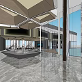 Modern Sales Office Interior Design With Large Windows Sofas And Wooden Tables