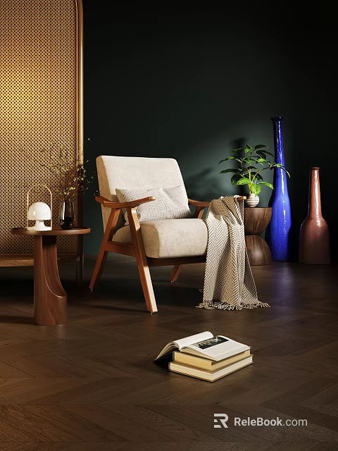 Cozy Leisure Chair With Wooden Frame Beige Cushion Throw Blanket And Potted Plant 3d model 