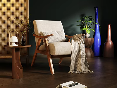 Cozy Leisure Chair With Wooden Frame Beige Cushion Throw Blanket And Potted Plant 3d model