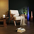 Cozy Leisure Chair With Wooden Frame Beige Cushion Throw Blanket And Potted Plant