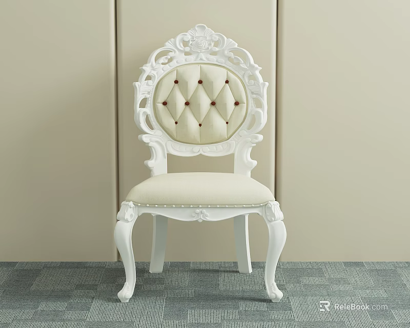 White Classical Dining Chair With Carved Back And Red Button Tufted Upholstered Seat 3d model 