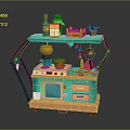 Commercial Toy Kitchen Equipment with Turquoise Design Shelf Cooking Utensils and Storage Cabinets