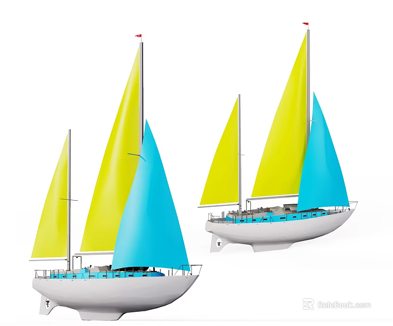 Two White Sailboats With Yellow And Blue Sails And Tall Masts 3d model 