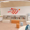 Modern Community Reception Area With Wooden Ceiling White Counter Blue Chairs And Lawn View Windows